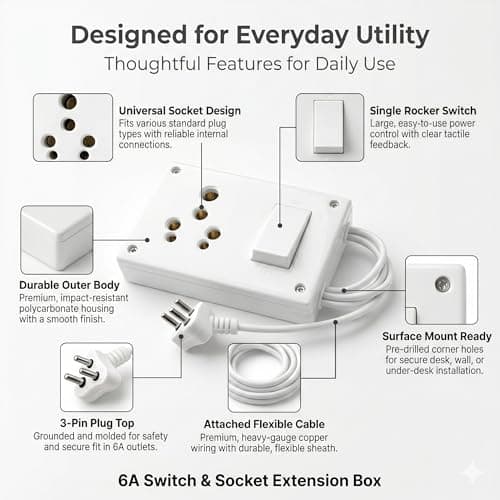 16 Amp Extension Board with 6/16A Universal Socket | Single Socket Power Extension Cord with Switch | Heavy Duty 6A Input Cable | Multi Plug Socket 230V 1200W | Electric Board for Home Office Desktop 3