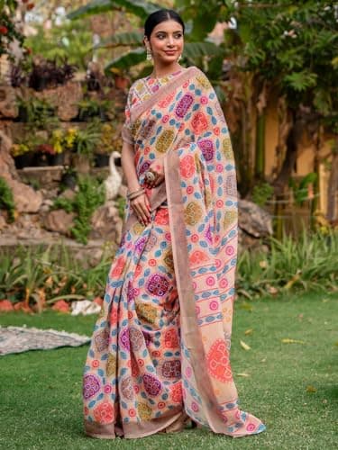 SIRIL Women's Cotton Linen Bandhani Printed Saree with Unstitched Blouse Piece (5277S757_Peach) 3