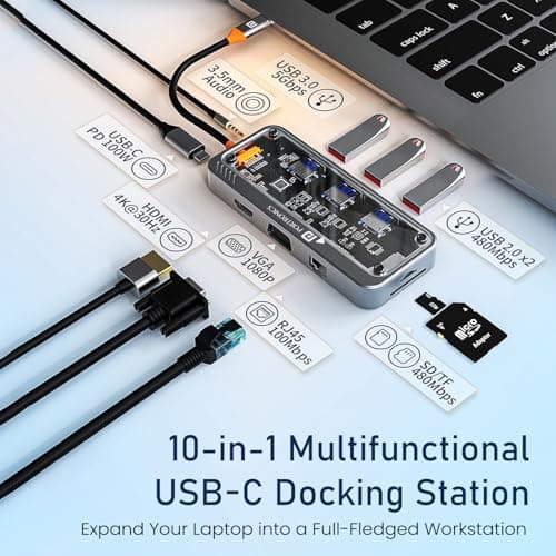 Portronics MPort View Three 10-in-1 USB-C Docking Station, 100 W PD Charging, 4K HDMI, VGA, RJ45 Ethernet, SD/TF Card Slots, USB 3.0/2.0 Ports, 3.5 mm Audio, for All Type C Devices, Windows/MacBook 2