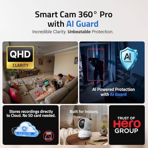 Qubo Smart Cam 360° Pro 4MP by Hero Group [2026 Edition]| STQC Certified | Color Night Vision | 360° Panoramic Monitoring |App Alerts | 2-Way Talk | AI Person Detection | Cloud & SD Card Support 2