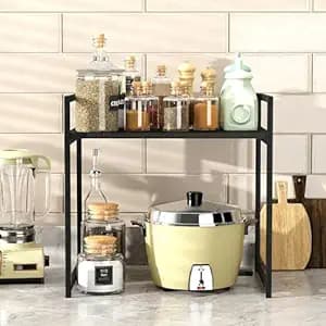 Lukzer 1 Layer Multipurpose Storage Rack - Heavy Duty Metal & Wood Kitchen Organizer | Space Saving Microwave Oven Stand for Modular Kitchen, Living Room, Bedroom & Office (MKR-001/Black & Black)