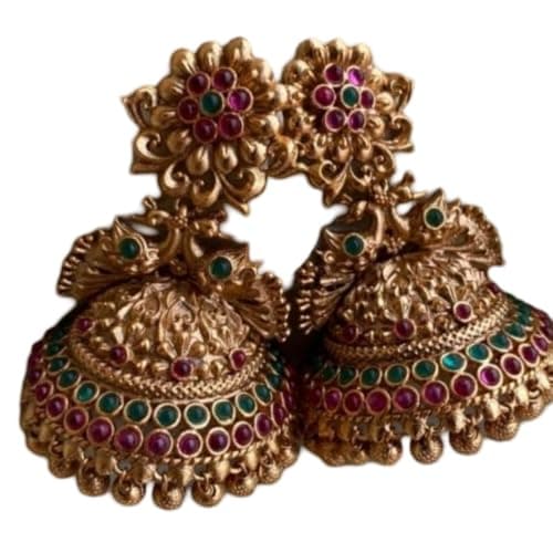 Traditional Antique Gold Jhumka Earrings with Pink and Green Stones, Floral Design matt finish jimiki stone model