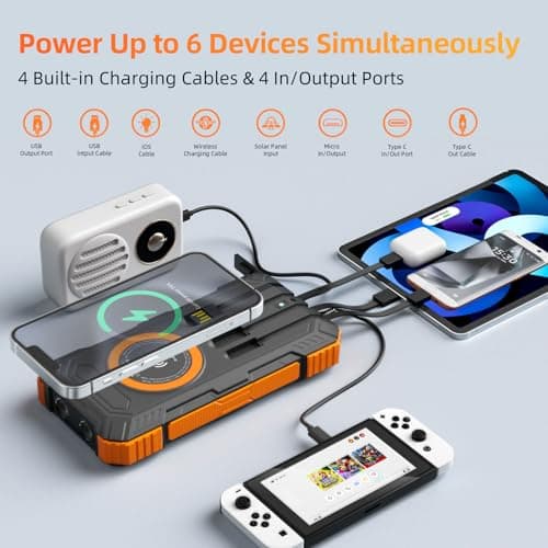 YOLOSKS Solar Charger Power Bank 49800mAh Wireless Portable Phone Charger, 22.5W QC3.0 Fast Charging Built in 4 Cables with USB C 6 Outputs & 2 Inputs for All Cell Phone 3
