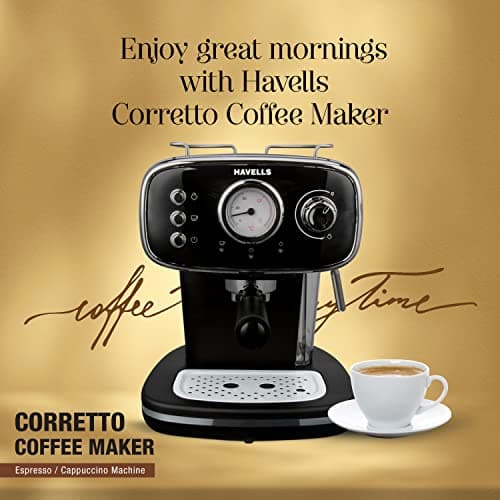 Havells Corretto Coffee Maker, Espresso/Cappuccino Machine with 15bar Pressure Pump | Thermometer Display | Frothing Function | Detachable Drip Trip | Filter Holder | Twin Brewing 2