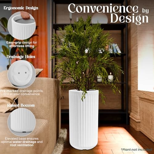 YUCCABEE Italia Fox B KIA Tall Floor Planter 24 Inch Premium German Polymer Indoor Outdoor Plant Pot Raised Base Lightweight UV Protected Modern Round Planter White 4