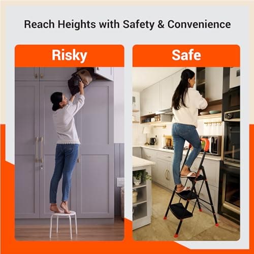 Bathla 3 Step Ascend Steel Ladder for Home Use | Large Platform (36 x 20.5 cm) | Wide Anti-Skid Steps | Safety Hand Grip | Heavy Duty Foldable | 120 kg Capacity | 2-Year Warranty | Orange & Black 4