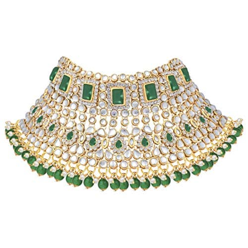 I Jewels Green Gold-plated Traditional Ethnic Indian Kundan Bridal Long and Short Necklace, Earrings, Hath Panja, Matha Patti, Nose Pin and Paso Set for Women 3