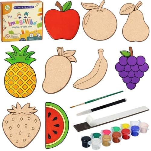 ImagiVibe Paint Your Own Fruits Fridge Magnet Kit for Kids | 9 MDF Cut-Outs DIY Painting Activity with Colours & Brush | Creative Screen-Free Art & Craft Kit | Made in India (Fruits)