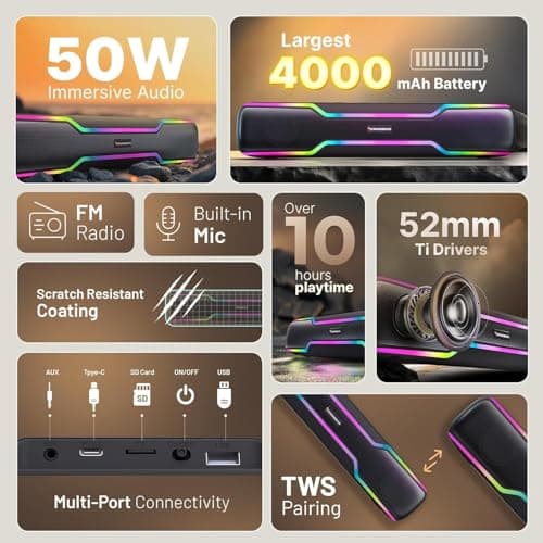 CrossBeats Blaze B50 (2026) Bluetooth 50W Soundbar Gaming RGB Light, AUX, BT, SD Card, USB &FM, 8 Hrs Playtime Fast Charge Sound bar smart tv with Built-in mic, Speaker for Mobile, PC, Laptop - Black 2