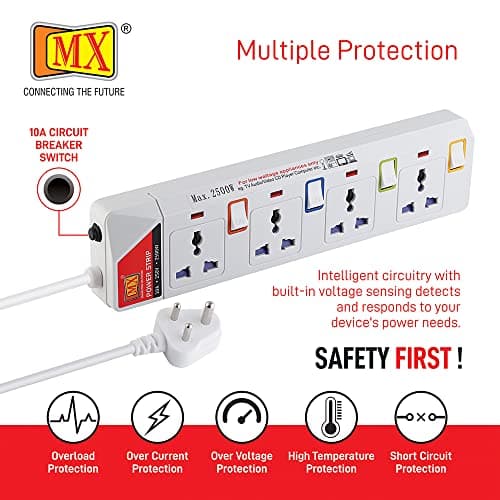 MX 4 Way Universal Power Strip with Individual Switch, 1.5 Meter Extension Board with Safety Shutter, Multi Plug Heavy Duty Extension Cord with Power Indicator for Home Office Computer Use 4