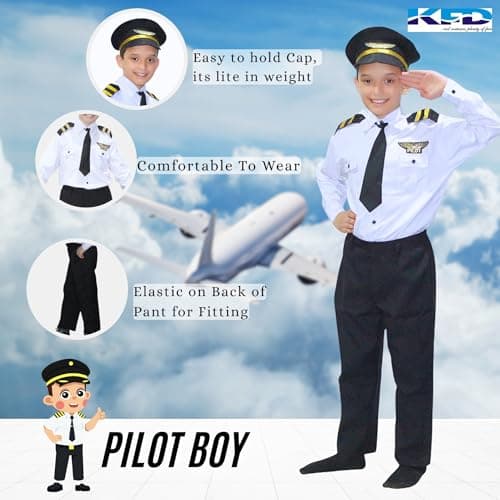 Kaku Fancy Dresses Polyester Our Community Helper Pilot Costume For Kids White Pilot Shirt & Black Pant With Black Cap For Boys & Girls - 7-8 Years 2