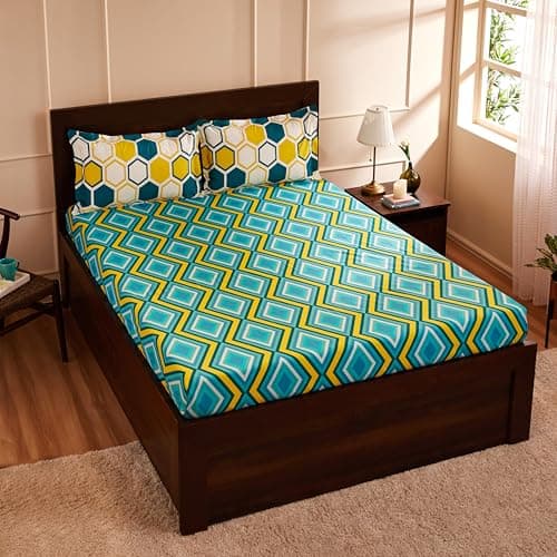 Amazon Brand - Solimo Tranquil Dreams 144 TC 100% Cotton Double Bedsheet with 2 Pillow Covers, Blue, Abstract