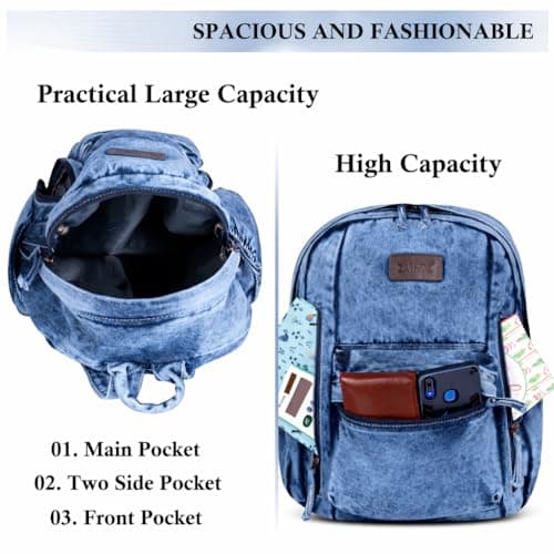 ZAINTO Denim Women Backpack college bag for women backpack Stylish Outdoor Travel Commute Daypack Large Capacity School bag Bookbag 4