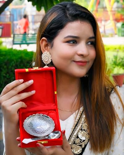 Craze Crafts 2-Piece German Silver Bowl Set in Velvet Box | Traditional Decorative Bowls, 4 Cubic Inches, Design-2 4