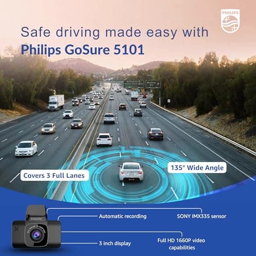 Philips GoSure 5101 Dash Cam for Car | 2K QHD 1600p Sony STARVIS IMX335 | 135° Wide Angle | Night Vision | G-Sensor | Loop Recording | Wi-Fi App | Car Camera Recorder 3