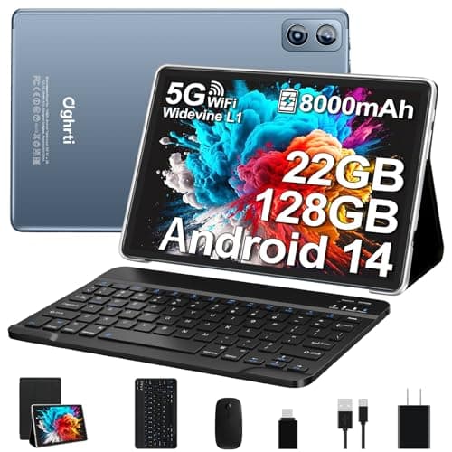 Dghrti 2025 Android 14 Tablet 10 Inch, 22G RAM + 128G ROM/1TB Expansion, 8000mAh Battery, Octa-Core, 1280 x 800 IPS HD Screen, Face Unlock, Widevine L1, 2-in-1 Tablet with Keyboard Mouse - Metal Grey