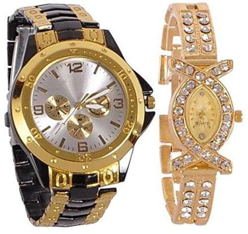 Acnos® Premium Silver and Gold Dial Analogue Watches for Couple Pack of -2(blk Gold in Silver+aks)