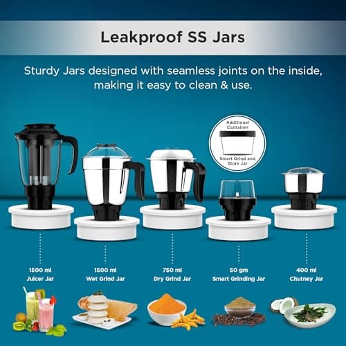 Butterfly Smart Plus 750W Mixer Grinder with 5 Jars | Multipurpose Jars - 3 Stainless Steel,1 PC Juicer Jar & 1 Grind & Store Jar | Heavy Duty Motor | 2 Years Manufacturer Warranty | Ink Blue 3