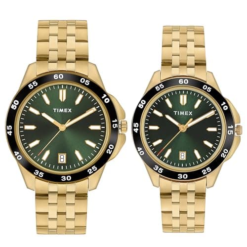 TIMEX Analog Watch for Unisex with Green Round Dial & Gold Stainless Steel Bracelet Band Water Resistant Unisex Wrist Watches - TW0PRE008