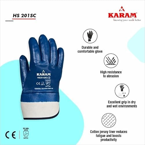 Karam HS201(SC) Nitrile Fully Coated Safety Glove with Safety Cuff | Excellent Flexibility & Dexterity | Oil Repellent, Abrasion Resistant Work Gloves | Size-L | Pack of 3 2