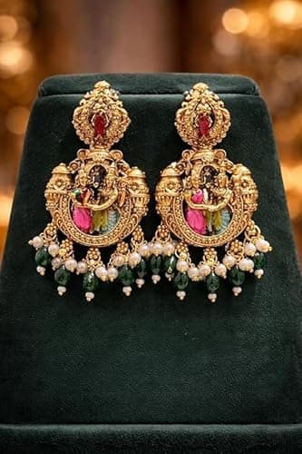 Visaga Aura Premium Sita Ramam Temple Jewellery Long Haram Set for Women | Antique Gold Plated Bridal Necklace with Rama Sita Lakshmi Motifs & Pearl Danglers | Traditional South Indian Wedding Jewelle 5