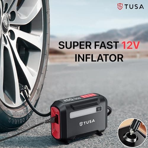 TUSA Drive Go 12V DC Tyre Inflator | Large Dual Digital Display | 3X Faster Inflation Portable Air Compressor| For Car, Bike, Ball & Motorcycle 4
