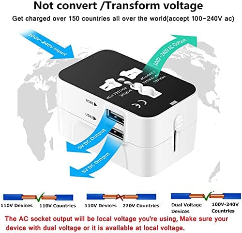 2 USB Ports Universal Travel Adapter, rts Worldwide International All in One Universal Power Wall Charger AC Power Plug Adapter Converter with 2 USB Charging Ports for USA EU UK AUS Cell Phone Laptop 6
