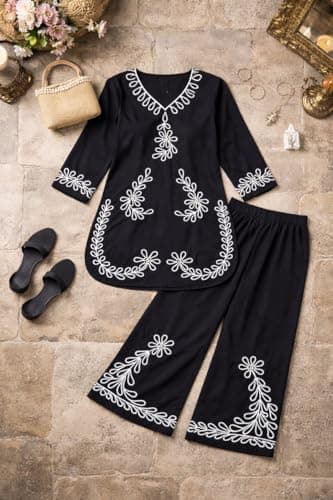 Co Ord Set for Women Stylish Pure Rayon Long Sleeves Mandarin Neck Floral Print Western Cot, Wear as Office Coat, Travel Coord (IN, Alpha, M, Regular, Women, Black) 3