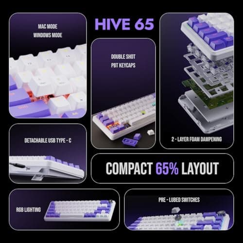 Kreo Hive 65 RGB Anti-ghosting Gaming Keyboard | Wired Mechanical Keyboard with RGB Backlight | 5 Pin Hot-Swap | Detachable USB C Cable (White) 2