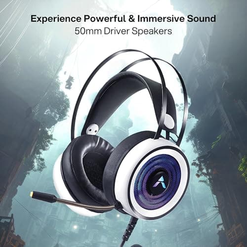 Adcom Striker USB Wired Over-Ear Gaming Headphones, RGB LED, 50mm Drivers, Omni-Directional Mic, Comfortable Design, Breathable Earcups, 3.5mm + USB, 2m Braided Cable, Noise Cancellation Mic (White) 3