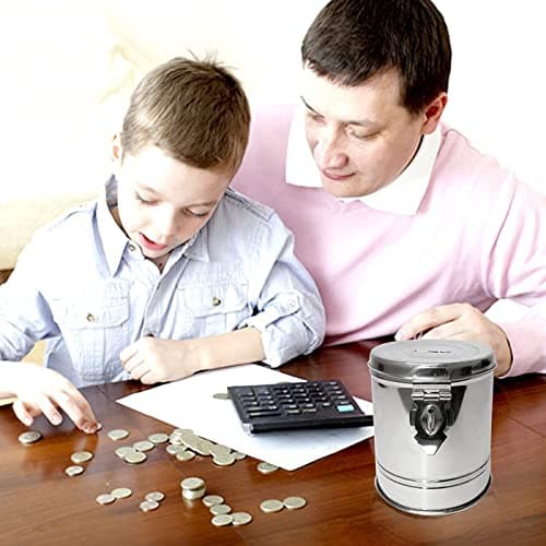 ALLISABLE Stainless Steel Money Box with Coin Slot Lid and Locking Clasp, Silver, Cylindrical Piggy Bank Pack of 1 10 * 14cm 5