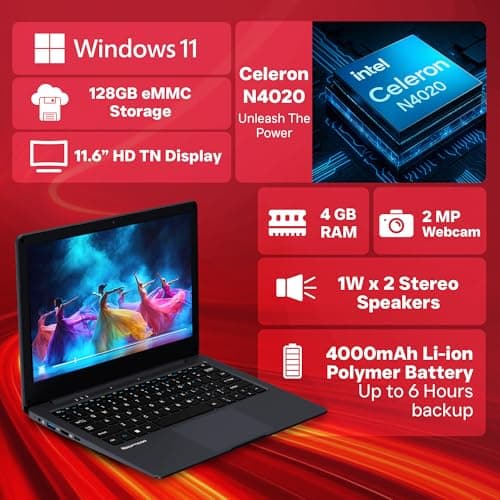Neopticon EBook 11.6" HD Laptop | Best Student & Office Work Laptop | Celeron N4020 | 4GB DDR4 | 128GB eMMC + M.2 SSD Expandable Slot | Win 11 Home |31Wh Battery | UHD Graphics 600 | Black 2