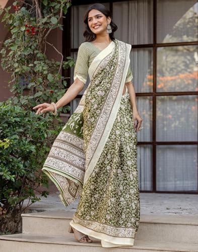SIRIL Women's Khadi Printed Saree with Unstitched Blouse Piece (5212S736_Olive Green) 5
