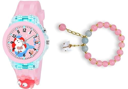 Acnos Analog Kids Multicolour Pink 2 Pieces Fish Premium Rubber Watch Gift Set for Watch Bracelet Gift for Daughter Gift for Birthday Luxury Gifting for Her Water Resistant