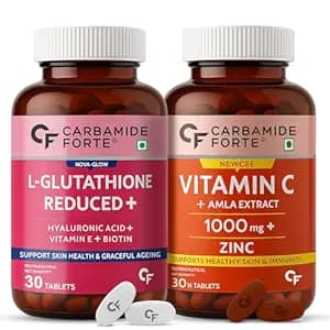 Carbamide Forte Japanese Reduced L Glutathione 500mg Tablets with Vitamin C from Amla Extract | Glutathione Supplements & Vitamin C Supplements – 30 Veg Tablets Each