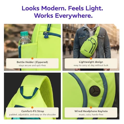 Provogue Bolt Crossbody Bag for Men and Women, Sling Bag, Small Backpack, Multi-pocket Bag for Travel, Chest Bag with 8" Tab Pocket, One Side Shoulder Bag, Glow Lime 5