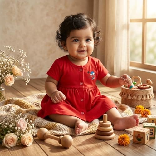 KIDEEZGUILD Pure Cotton Baby Girls Frock Dress Front Open Soft Breathable Half Sleeve Knee Length Daily Casual Wear Solid Color Summer Girl's Dress (IN, Age, 9 Months, 12 Months, Regular, Set of 3 A) 4
