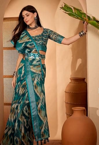 OYZO Women's Silk Blend Saree with Ikat Print, Teal and Beige, Traditional Indian Ethnic Wear 2