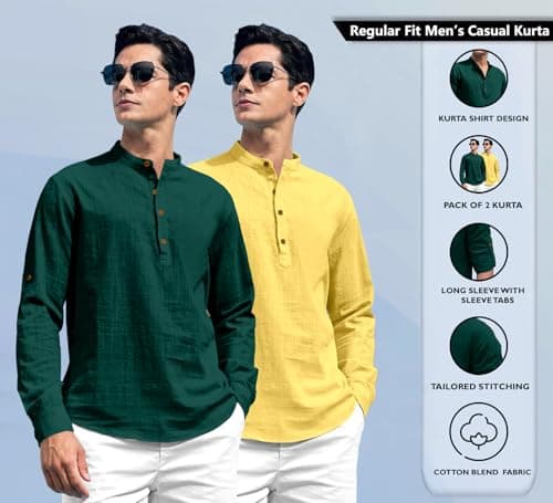 SHOPYCLICK Men’s Cotton Polyester Blend Kurta Shirt | Mandarin Collar Short Placket | Full Sleeve Casual & Ethnic Wear | Lightweight Breathable Fabric | Perfect for Festive, Party Green-Yellow 3