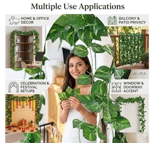 SAUDEEP INDIA Artificial Green Leaf Money Plant Garland | 7.2 Feet Bel Vine Creeper | Realistic Hanging Fake Leaves Ivy | Home Decor for Door, Wall, Balcony, Garden & Festival Decoration (3 Vines) 2