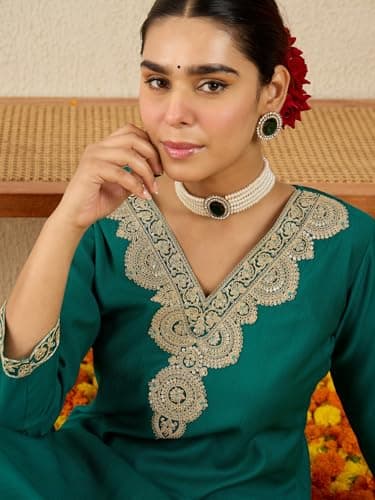 INDO ERA Women's Cotton Blend Yoke Embroidered Straight Fit Kurta & Pant Set (Green_IESTR11588_XX-Large) 2