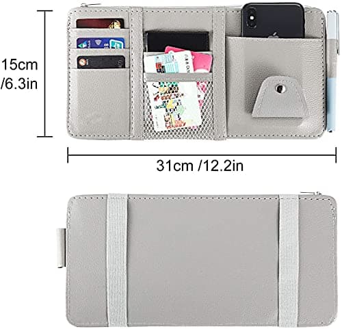 HSR Car Sun Visor Organizer, Sunglass Pen Card Small Document Storage Pouch Holder, PU Leather, Multi-Pocket with Zipper Net (Brown) 3