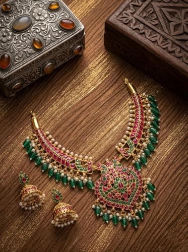 TEMU INDIA Women’s Gold-Plated Kundan Choker Necklace Set – Red & Green Bridal Wedding Jewellery with Green Beads & Jhumka Earrings 6