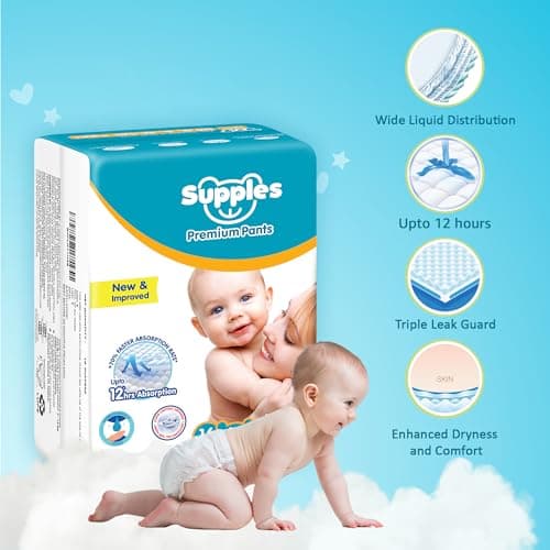 Amazon Brand - Supples Premium Baby Diaper Pants | 16 Baby Diapers | Medium | 7-12 Kg | 12 Hrs Absorption | Cushiony Cotton Soft Fabric | Phthalates-Free | Triple Leak Guard 3