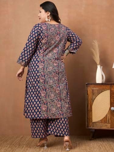 Tissu Plus Size Women's Dark Blue Floral Printed Kurta Palazzo Set (Plus-806_Dark Blue_7XL) 3