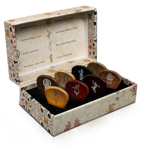 Kadence Heritage Wooden Guitar Picks – Set of 8 Handmade Picks with Indian State Woods & Art – Includes Maplewood, Teakwood, Ebonywood – For Acoustic & Electric Guitars