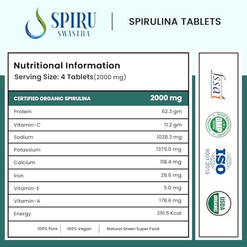 SPIRU SWASTHA Pure Spirulina Tablets (500mg) | 100% Organic Origin Superfood for Immunity, Energy & Hair Growth | High Protein Vegan Supplement | 200 Tablets (100g Pouch) 2
