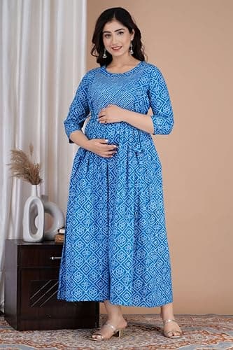 Murli Women's Cotton Floral Printed Maternity Kurti Gown/Feeding Dress A-line Maternity Wear -(Blue-3XL) 4