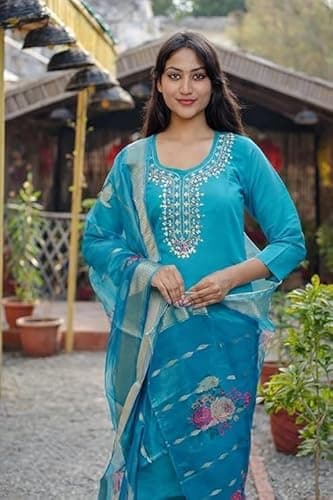 Delhi Fashion Sarees | Elegant Blue Embroidered Kurta Set for Women | Straight Kurti with Floral Dupatta | Ethnic Wear for Festive, Casual & Party 4