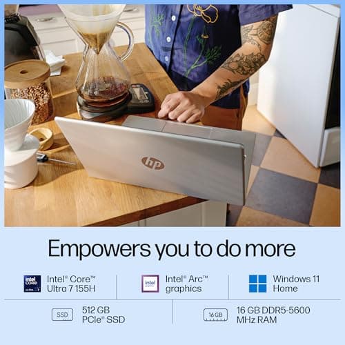 HP 14 AI, Intel Core Ultra 7 155H (16GB DDR5, 512GB SSD) FHD, Anti-Glare, 14"/35.6cm, Win11, Office21, Silver, 1.4kg, gr1023TU, Intel Arc Graphics, FHD Camera w/Shutter, Backlit Kb AI Powered Laptop 3